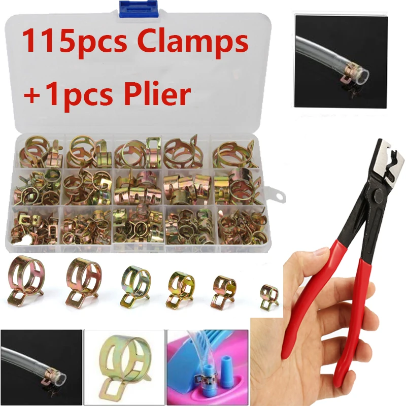 

115 PCS Zinc Plated 6-22mm Spring Hose Clamps + 1PC Tube Clamp Plier for Pipe Air Tube Band Clamp Metal Fastener Assortment Kit