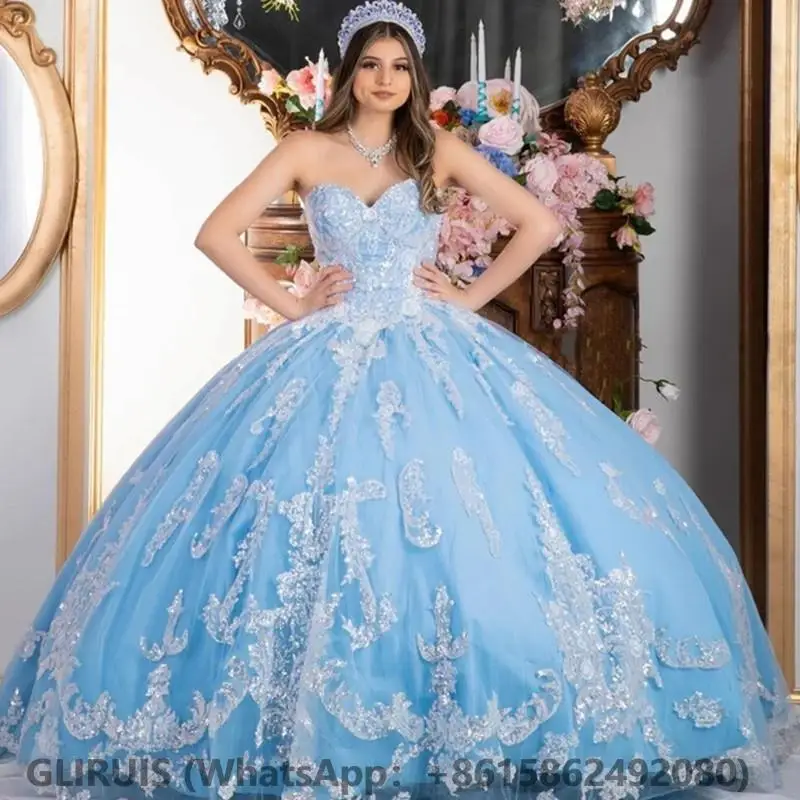 

Sweetheart Neck Quinceanera Dresses Sweep Train Light Blue Haute Couture Evening Gown Shinny Applique Party Dress