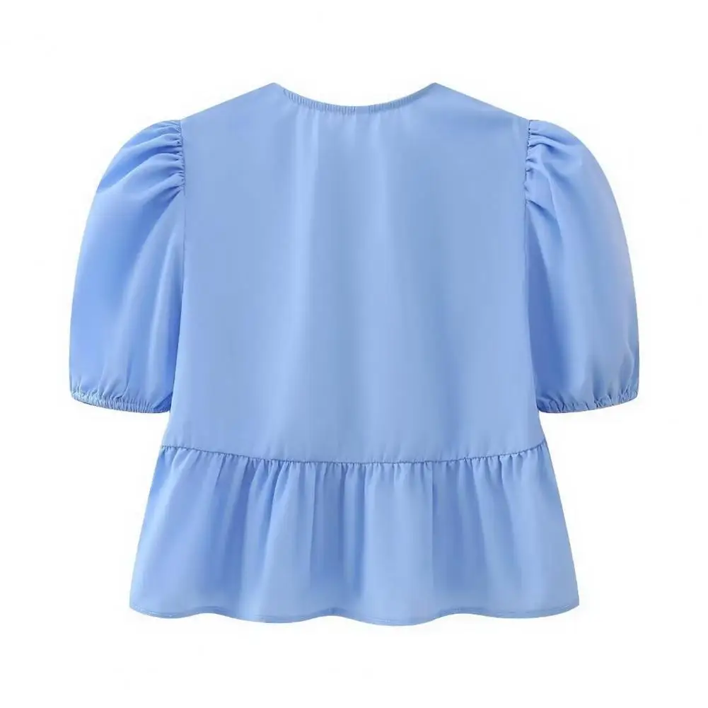 

Regular Fit Women Top Stylish Women's Lace-up Ruffle Hem Shirt Casual O-neck Puff Sleeve Top Solid Color Cropped for Her