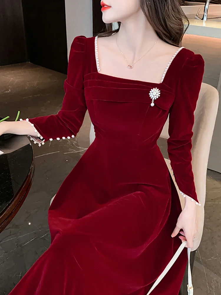 

Осенне-зимнее красное бархатное Привлекательное платье миди с бисером, женское шикарное роскошное платье для выпускного вечера, женское элегантное платье в Корейском стиле для свадьбы, 2024