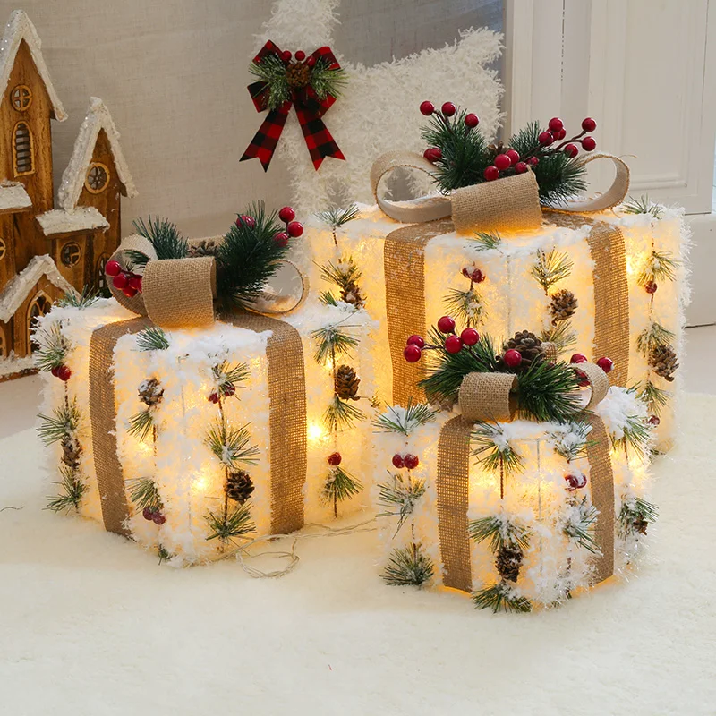 

3pcs 1 set Hollowed Out Christmas Decoration Led Gift Box with Bow Lights Iron Box Art Home Outdoor Mall Gift Home Party Supplie