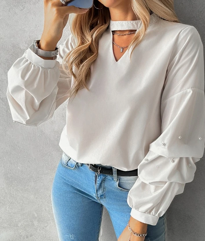

Women's Keyhole Neck Beaded Ruched Top 2024 Spring Elegant Ladies Blouses Long Sleeved Hollow Out Casual T-Shirt Tops