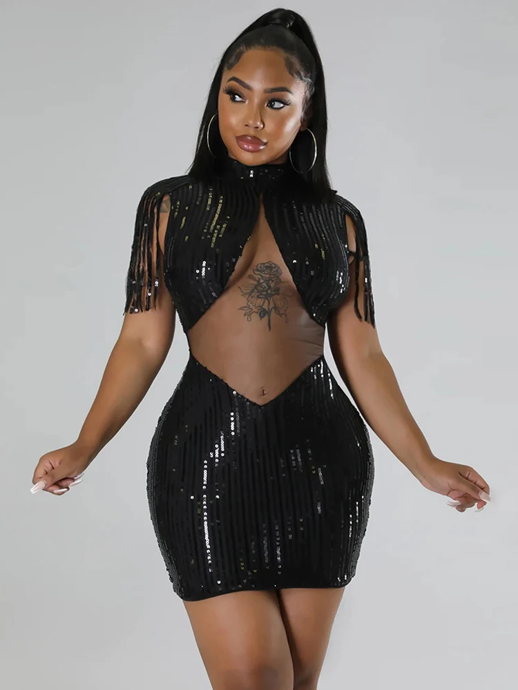 

Women's Sequined Round Necked Mini Skirt Tassel Splicing Hollow Out Club Sexy Nightclub Women's Hip Wrap Dress Party Stage 2024