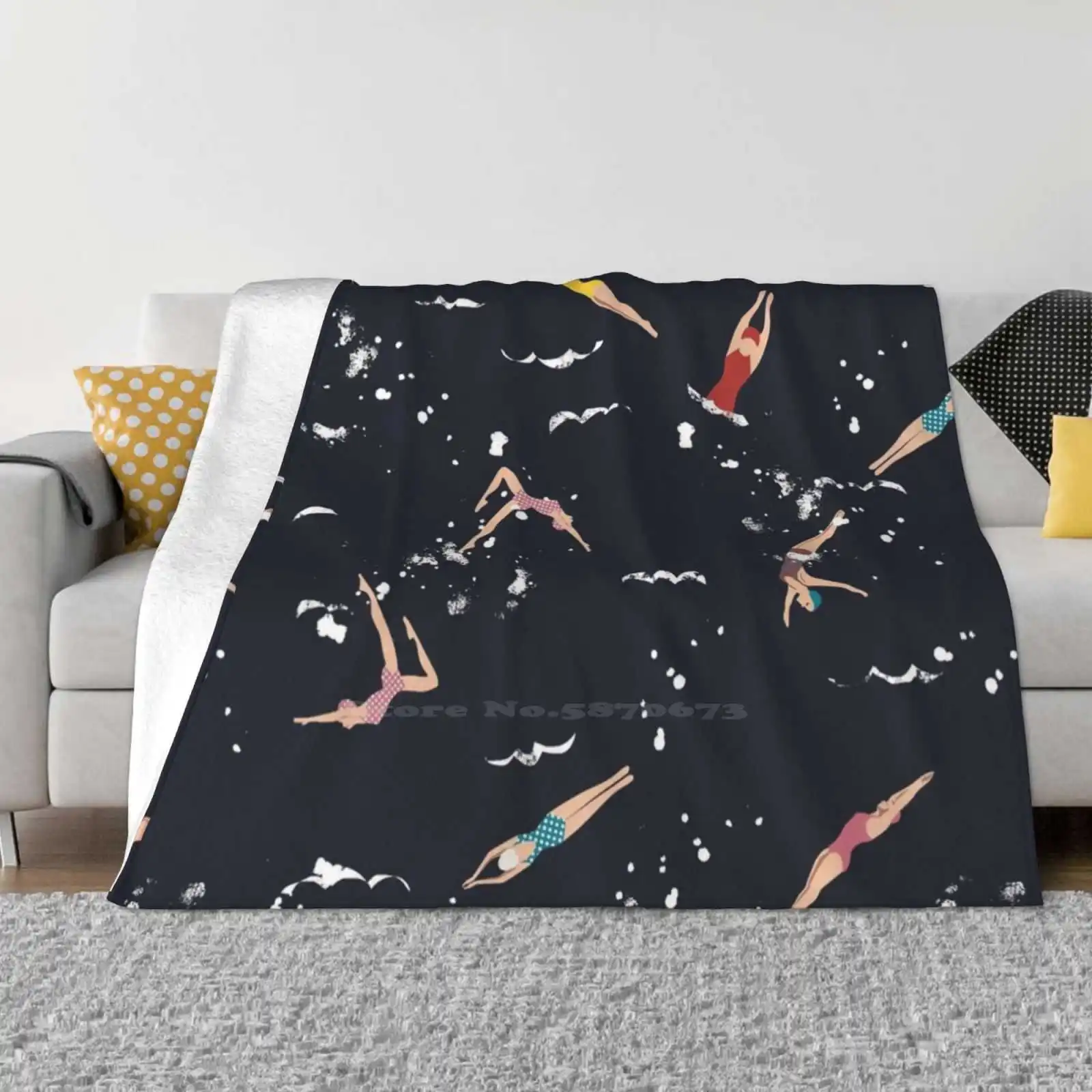 

In The Swim New Print Novelty Fashion Soft Warm Blanket 50S Wild Swimming Vintage Retro Quirky Playful Conversational Sea Ocean