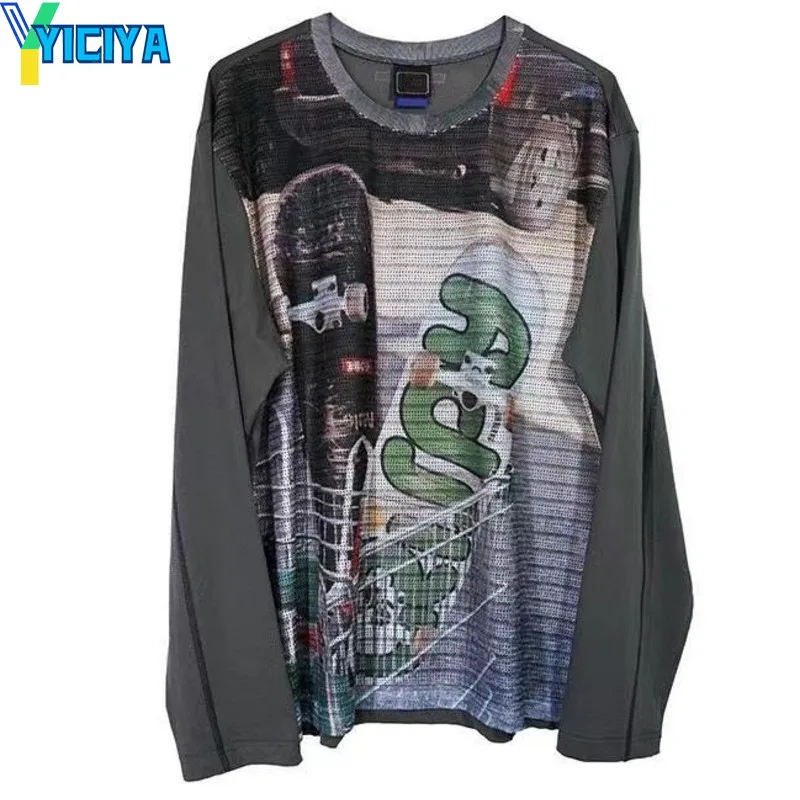 

YICIYA T-shirt y2k kpop Graffiti Net yarn crop Top women long Sleeve streewear goth t-shirts High quality blouses Oversized tee
