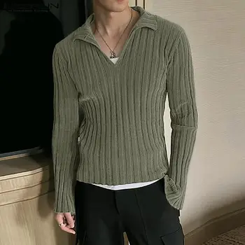 Desfrute de Estilo e Conforto Máximos com a Nova Camiseta Masculina de 2024 7 2024 Men's T Shirt Solid Color V Neck Flare Long Sleeve Streetwear Men Clothing Korean Fashion Casual Tee Tops S-5XL INCERUN