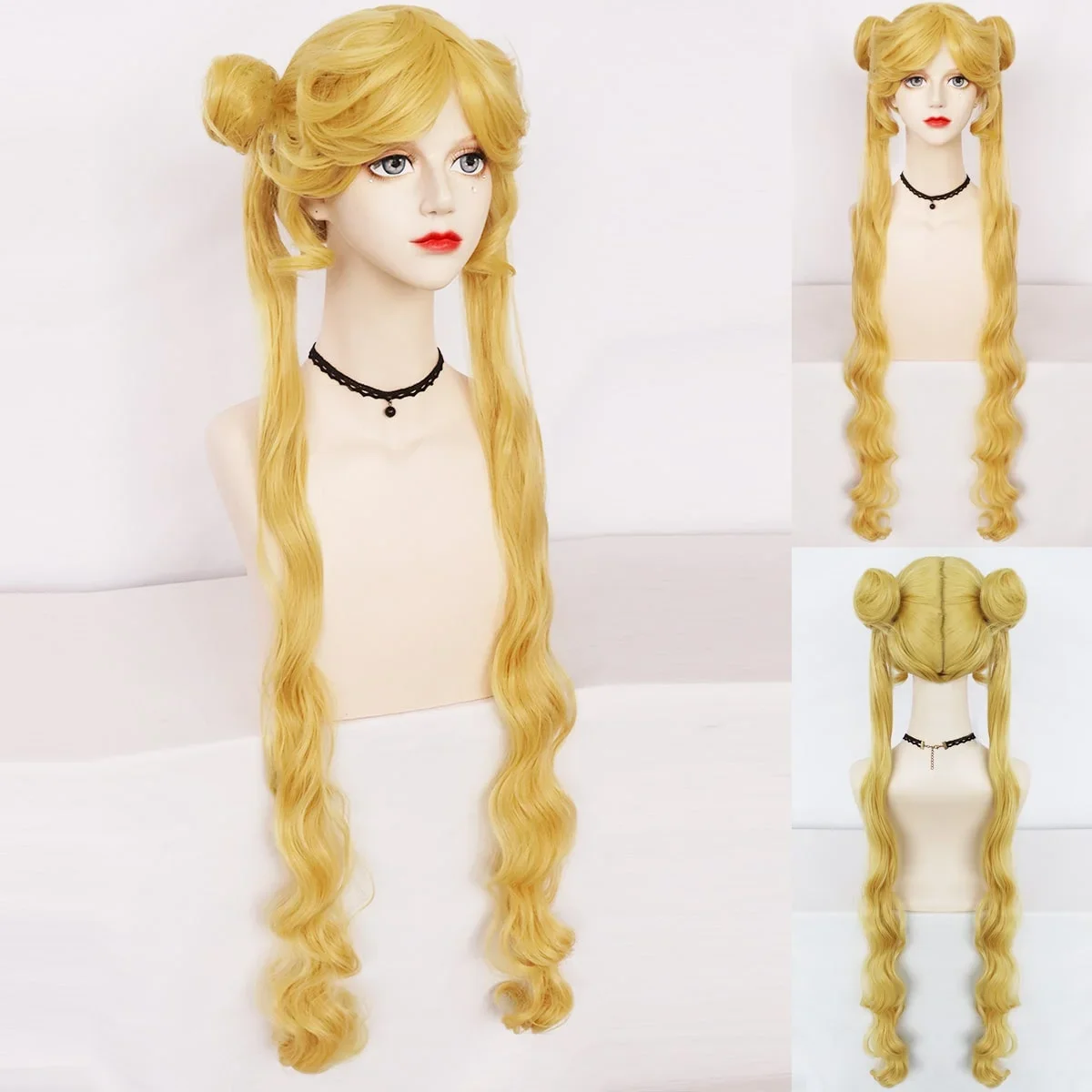 

4Color Sailor Moon for Tsukino Usagi Long Golden Blonde Curly Double Ponytails Yellow Silver Synthetic Cosplay Wig