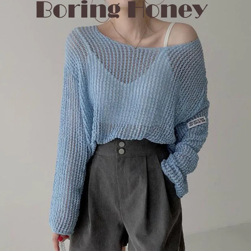 

Boring Honey Chic A Word Shoulder Round Collar Tops Women Loose And Comfortable Thin Hollow Out T-Shirts Sunscreen Clothes