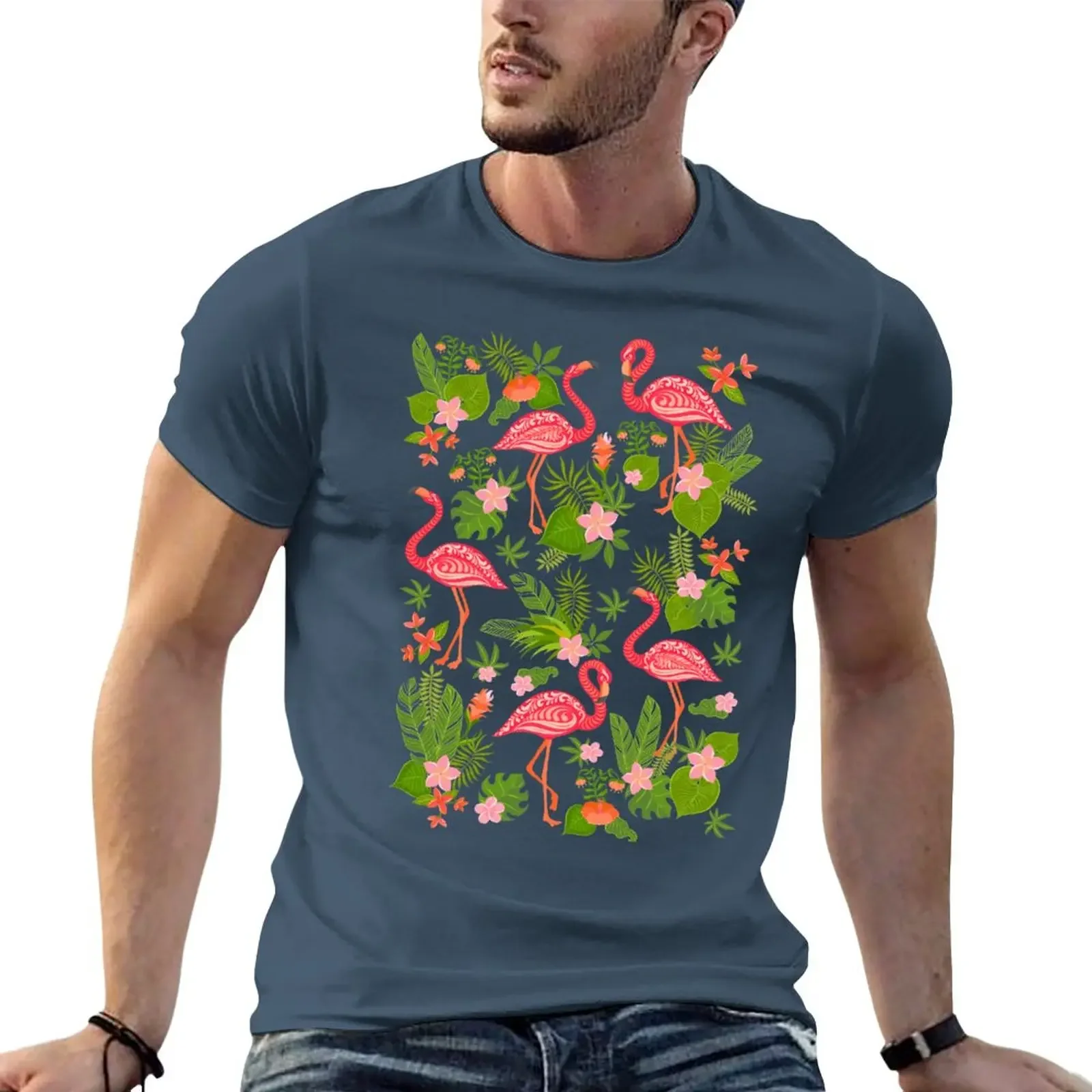 

Decorative seamless pattern with flamingo, tropical flowers and leaves. T-Shirt customizeds blanks slim fit t shirts for men