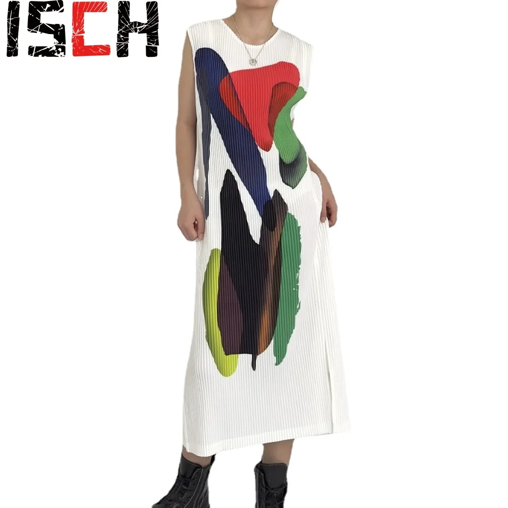 

Оригинальное плиссированное платье Miyake, весеннее модное прямое платье миди-длины без рукавов с масляным принтом и разрезом сбоку, 2024