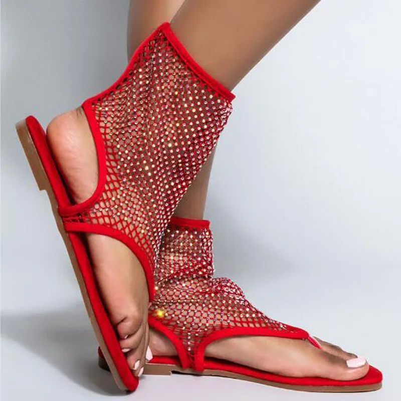 

Summer Girls Red Brown Bling Crystal Rhinestone Air Mesh Gladiator Clip Toe Flat Sandals Ladies Slip On Cuts Out Beach Shoes