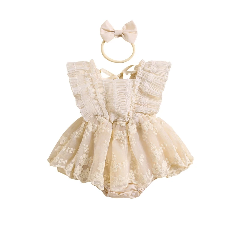 

Baby Girls Rompers Dress Fly Sleeve Lace Flower Embroidery Skirt Hem Infant Bodysuits Summer Clothes with Headband