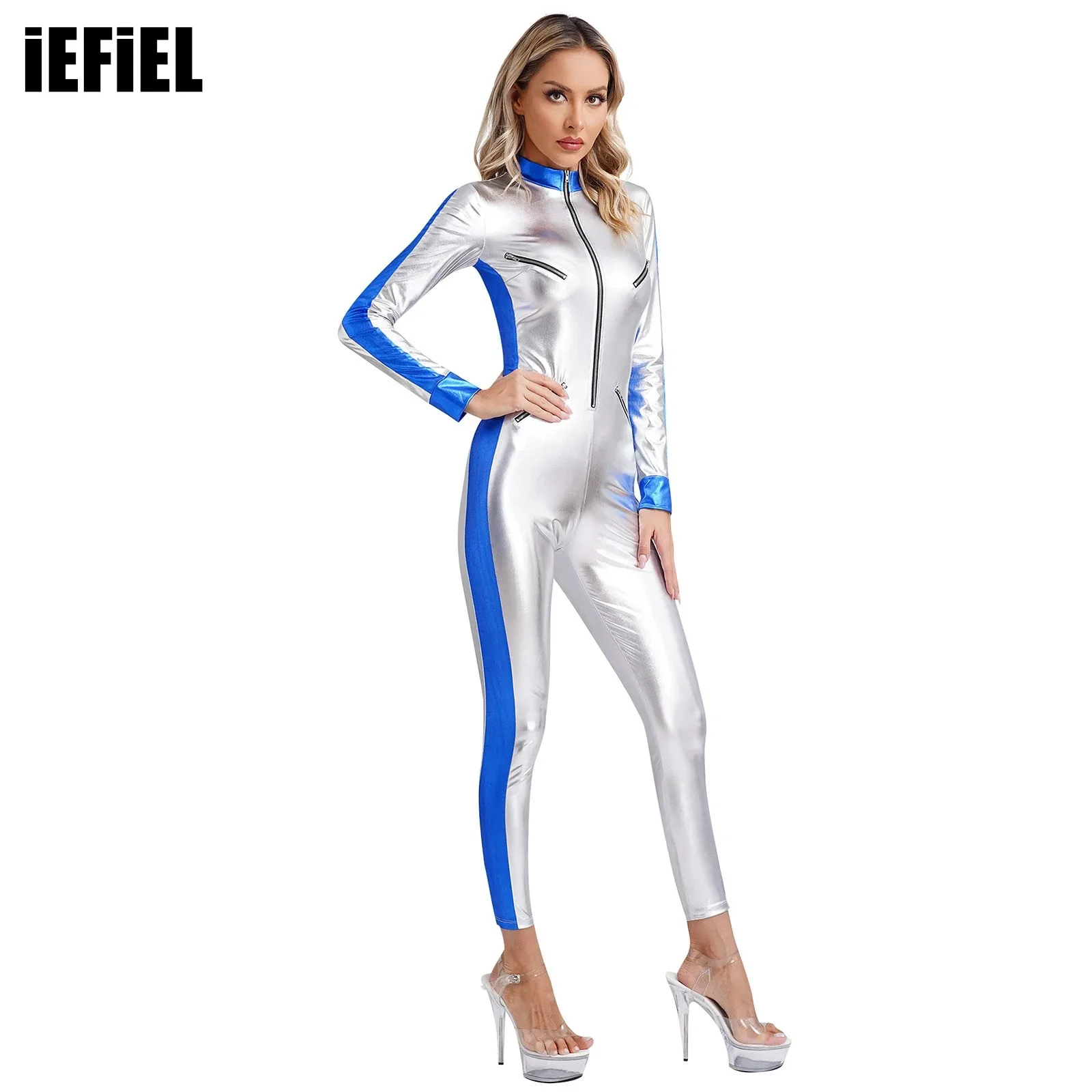 

Womens Galaxy Astronaut Costumes Outfit Front Zip Unitard Jumpsuit Metallic Shiny Spaceman Rompers Catsuit for Halloween Cosplay