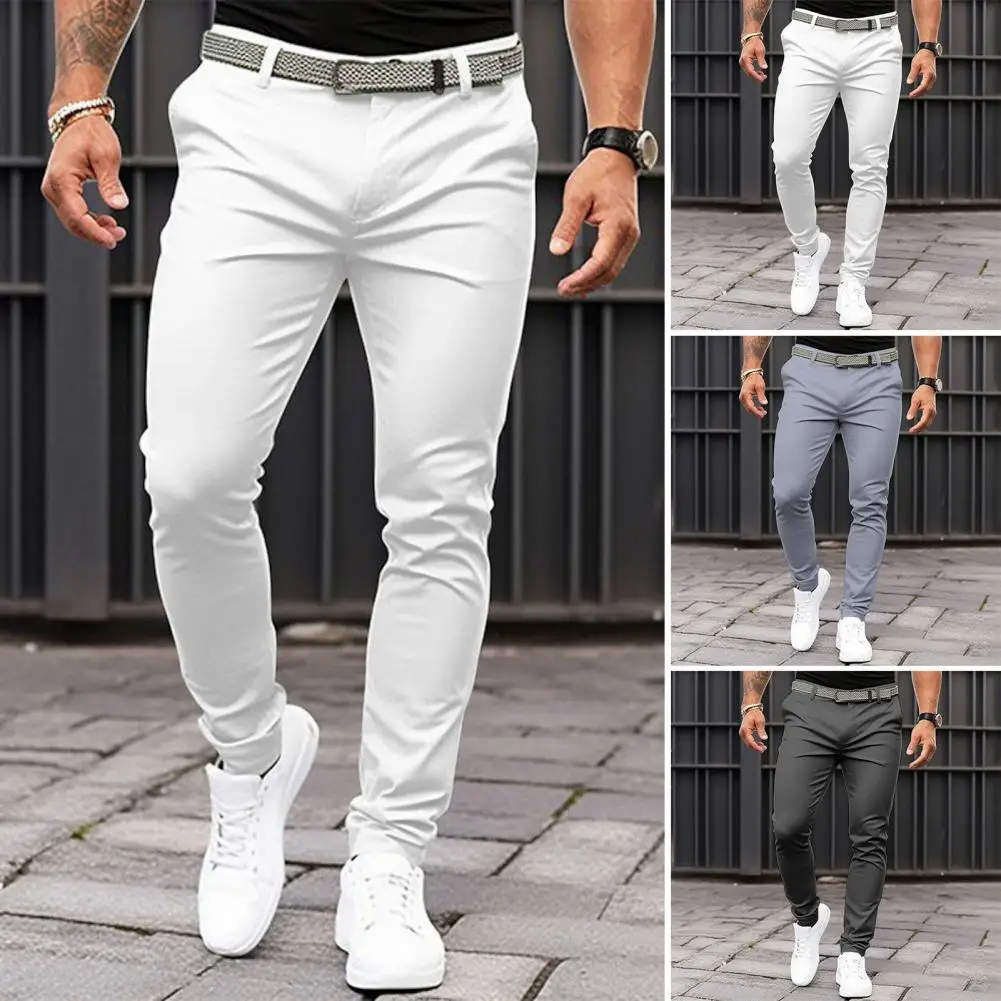 

Solid Color Trousers Slim Fit Men's Business Office Trousers with Slant Pockets Zipper Fly Fine Sewing Workwear for A Polished