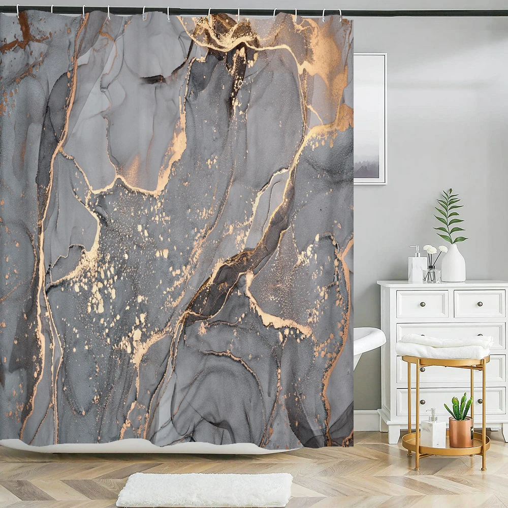 

Abstract Marble Shower Curtain Crack Gold Texture Luxury Stone Grain Bathroom Curtains Home Bathroom Bathtub Decor with Hooks