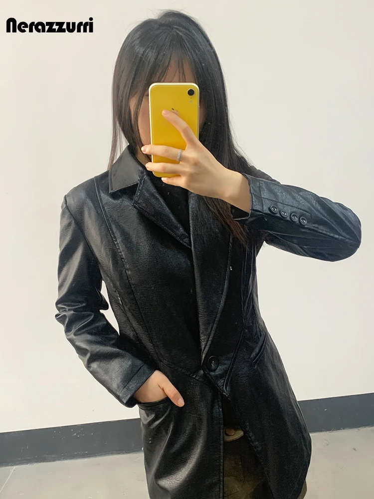 

Nerazzurri Spring Autumn Luxury Chic Black Fitted Faux Leather Blazer Women Long Sleeve Single Button Slim Leather Jacket 2023