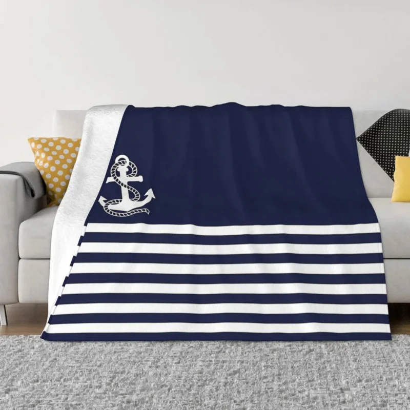 

Nautical Navy Blue Stripes And White Anchor Blankets Fleece Multi-function Soft Throw Blanket for Home Bedroom Bedspread