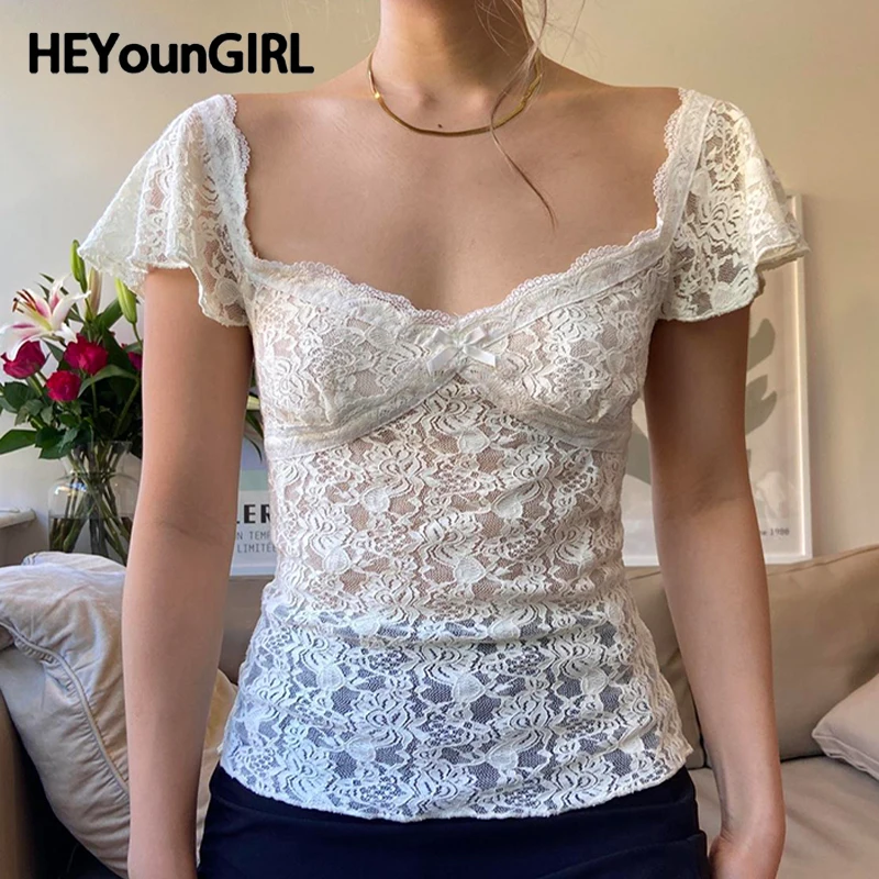 

HEYounGIRL Women Square Collar Lace T-shirt Y2K Aesthetic Short Sleeve White Elegant Lady Tops Chic Semi-sheer Fitted Tee Shirts