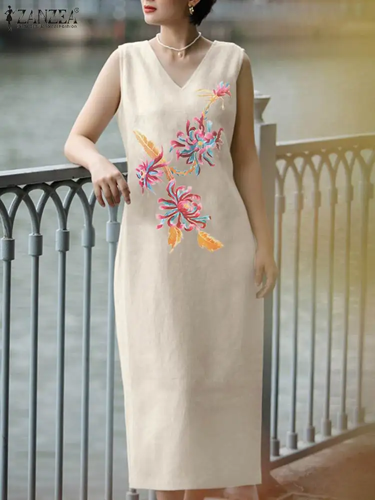 

ZANZEA Bohemian Flower Printed Dress Fashion Women Sleeveless Tank Sundress Vintage V-neck Midi Robe Korean Style Casual Vestido