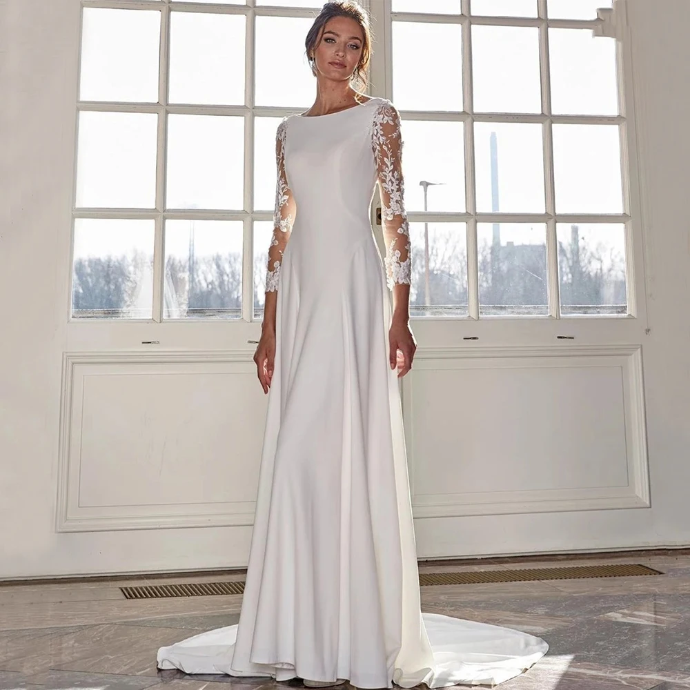 

Gorgeous Bridal Wedding Dress Scoop Neck Tulle Applique Long Sleeves Classic A-Line Floor Length Illusion Back with Buttons Gown