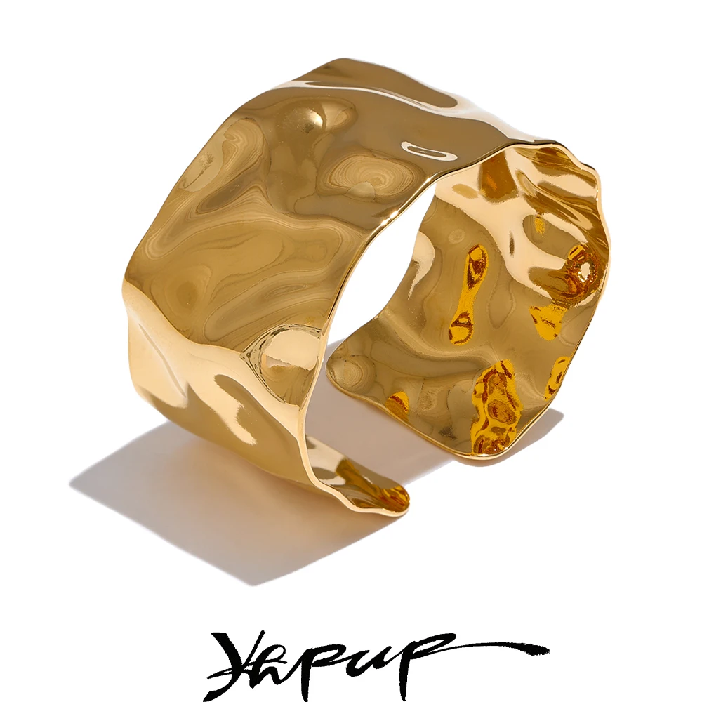 

Yhpup Wide Large Stainless Steel Metal Cuff Open Bracelet Bangle 18K Gold PVD Plated Statement Waterproof Wrist Jewelry Bijoux