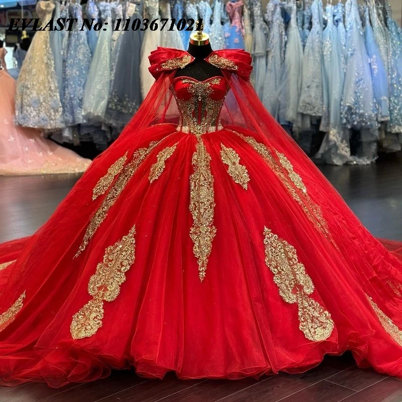 

EVLAST Mexican Red Quinceanera Dress Ball Gown Gold Lace Applique Beading Crystal With Cape Sweet 16 Vestidos De XV 15 Anos SQ22