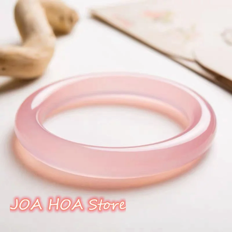 

Pale Pink Natural Chalcedony Bracelet Ice Peach Agate Fat Round Bar Women Hibiscus Jade Bangle Handring Exquisite Fine Jewelry