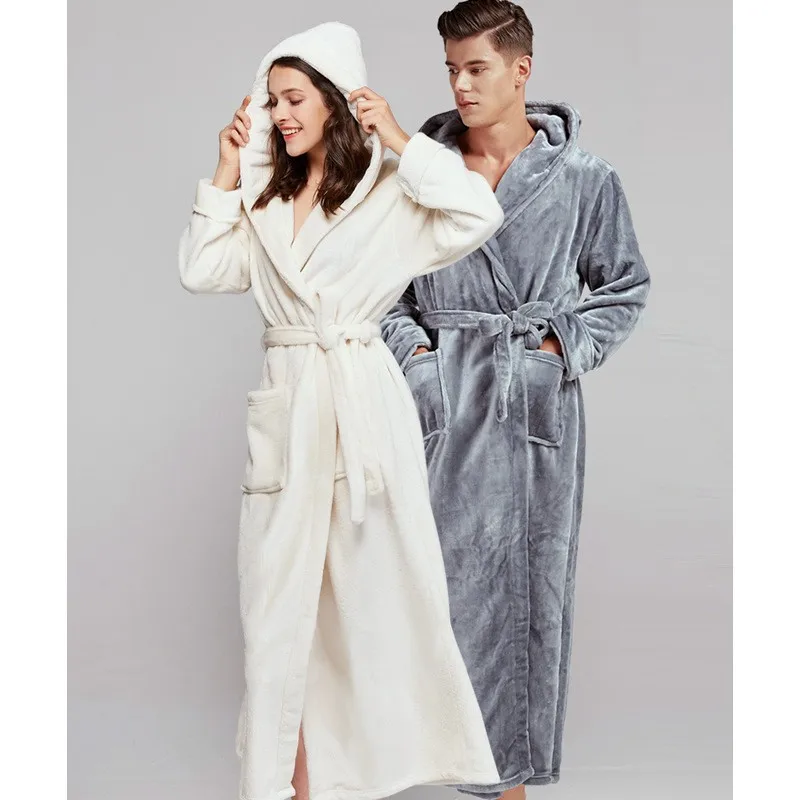 

Очень длинный зимний банный халат из кораллового флиса с капюшоном, кимоно, теплый фланелевый Халат, ночная одежда для сна, женский халат