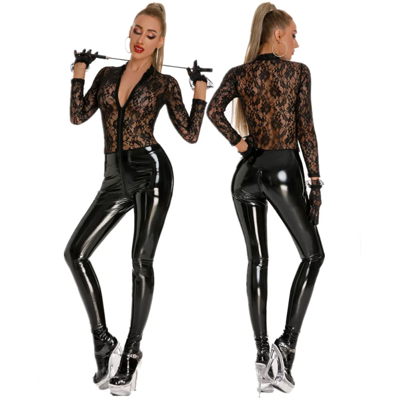 

Faux Leather See-Through Lace Patchwork Catsuit Exotic Sexy Female Zipper Open Crotch Jumpsuit Clubwear DS Wetlook Costumes