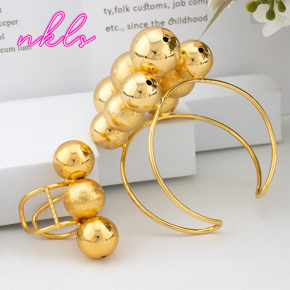 

African 18k Gold Plated Cuff Bangle with Ring Set Big Beads Design Lady Anniversary Jewelry Dubai Women Gold Color Jewelry Set