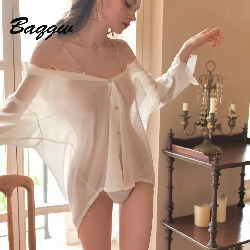 

Sexy Women Chain Strap Shirt Babydolls Lingerie Nightwear Sheer See Through Romantic Grace Erotic Intimate Nightgown Outfits