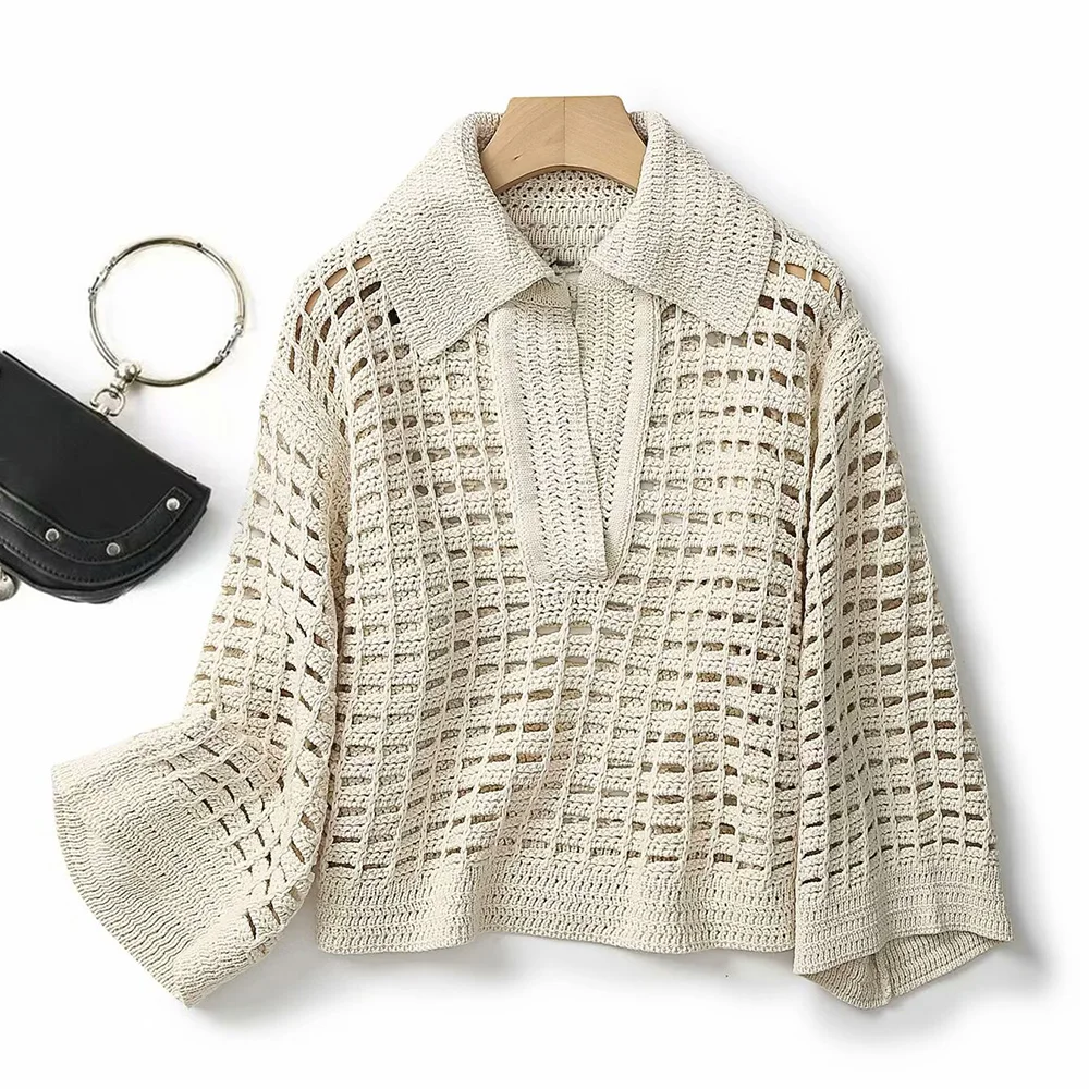 Women 2023 Autumn New Arrival Fashionable All-Match Hollow Knitwear Retro Long Sleeve Chic V Lapel Casual Pullover Top Mujer 
Women 2023 Autumn New Arrival Fashionable All-Match Hollow Knitwear Retro Long Sleeve Chic V Lapel Casual Pullover Top Mujer