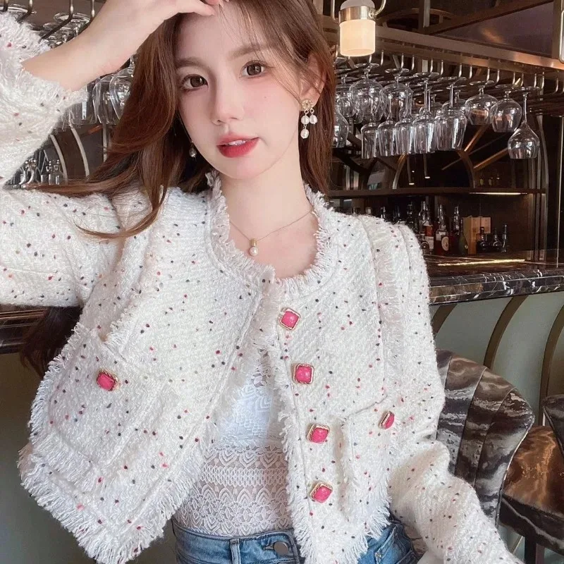 

Temperament Sweet Thick Tweed Coat Women Korean Tassels O-Neck Polka Dot Single Breasted Fashion Celebrity Short Spring Jacket