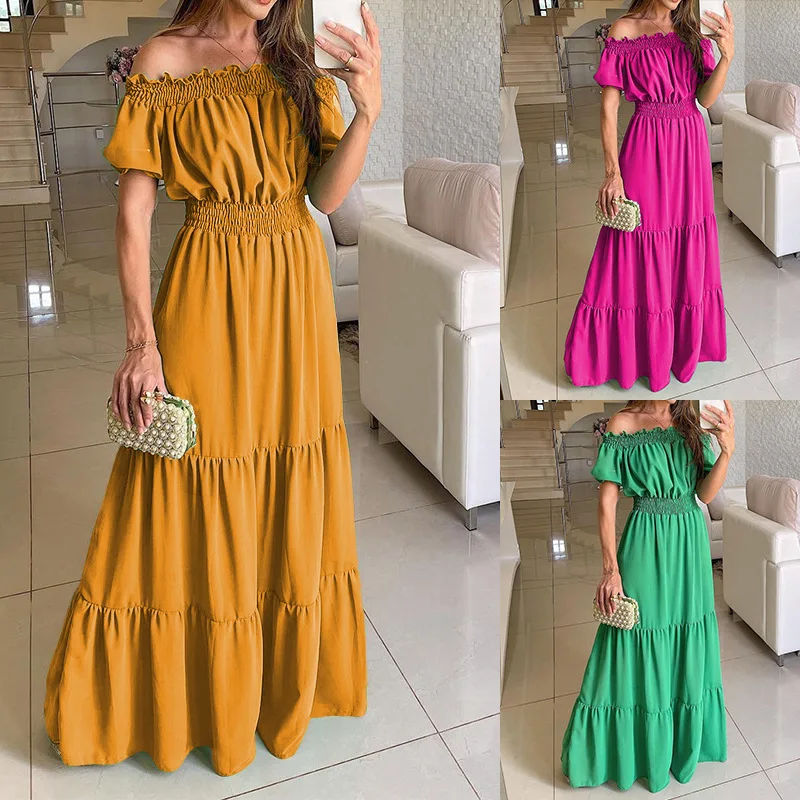 

2023 Summer Vestidos Red Short Sleeve Sexy Club Party Evening Long Dress Slim Solid Color Robe Ruffles Elastic Waist Slash Neck