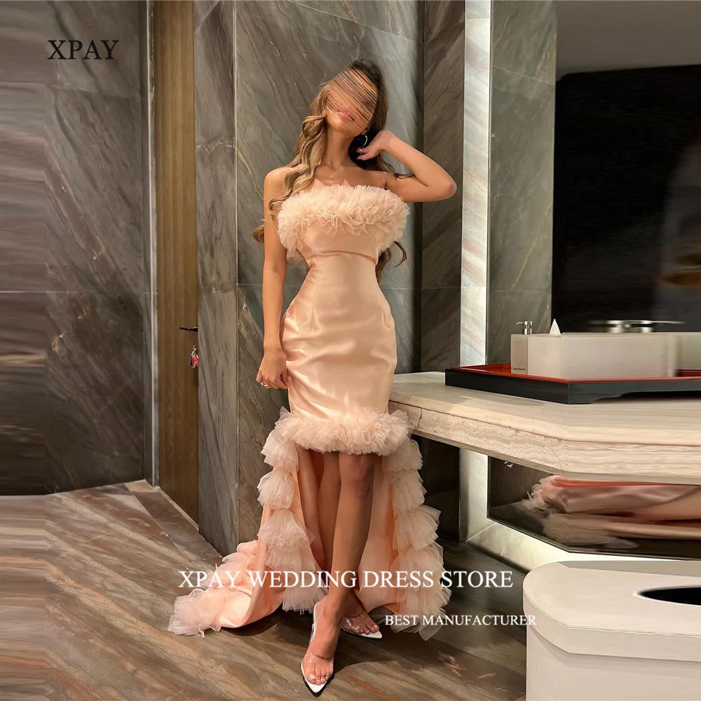 

XPAY Elegant Blush Pink Mermaid Prom Dresses Saudi Arabic Women Strapless Organza Ruffles Evening Gowns Formal Party Dress