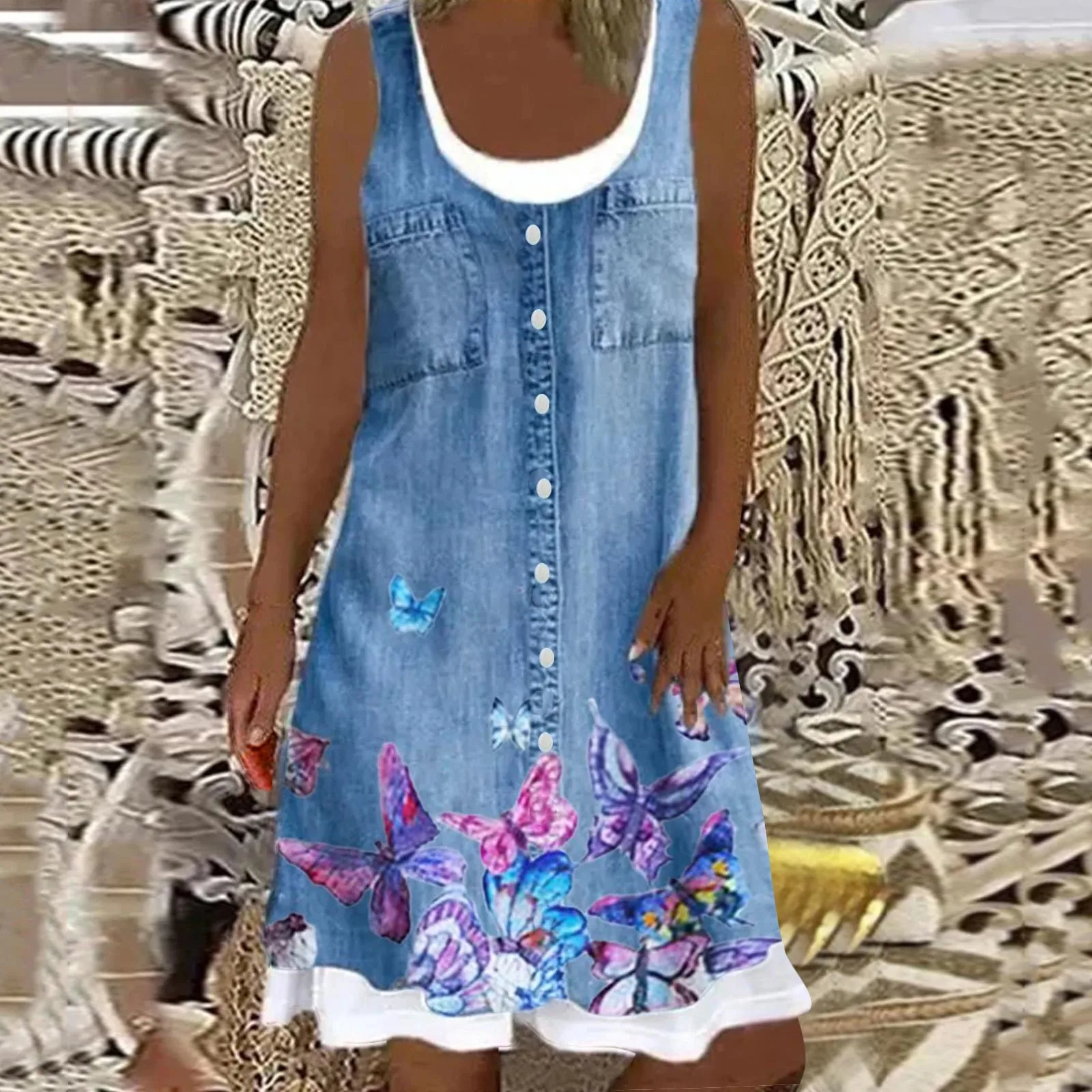 

Summer Beach Butterfly Print Sundress Women O-Neck Sleeveless Patchwork Short Dresses Bohemian Loose Casual Boho Dress Vestidos