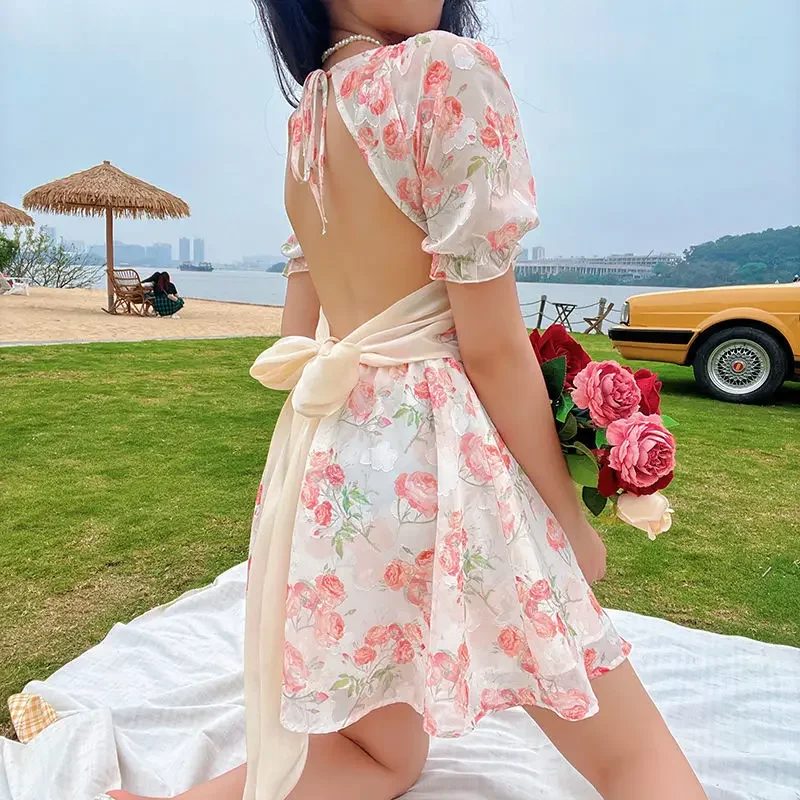 

High-waisted dress for ladies Summer Flower sweet side collar puff sleeve Princess maiden Gentle elegant Korean style preppychic