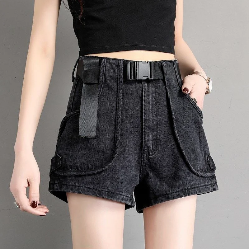 2021 High-waisted Pocket Loose A-word Hot Short Jeans Black Denim Shorts with Belt Women's Casual Personality Streetwear Fashion
2021 High-waisted Pocket Loose A-word Hot Short Jeans Black Denim Shorts with Belt Women's Casual Personality Streetwear Fashion