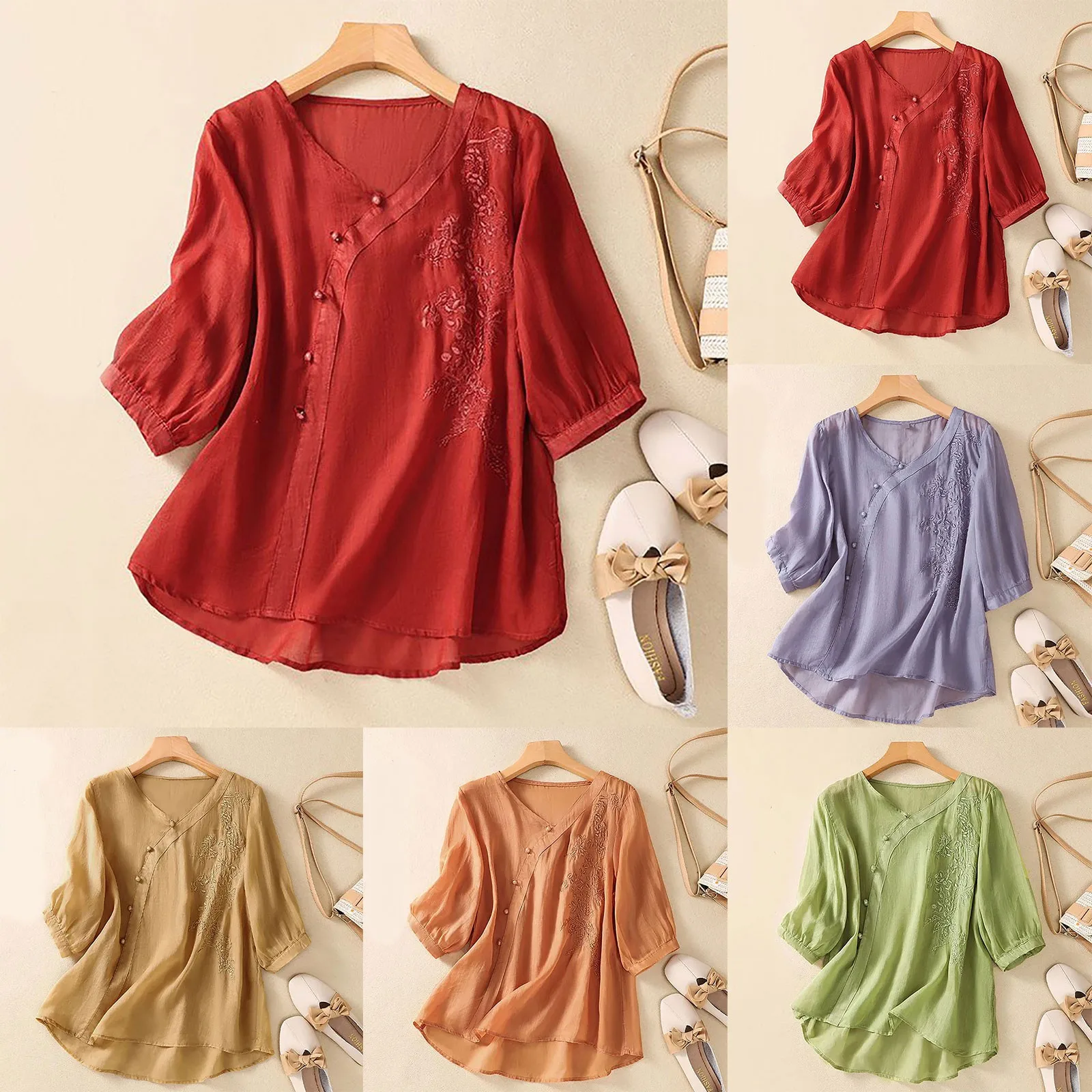 

Women's Literature Retro Style Shirt Long Sleeved Plain Loose Adult Simple Tops Fashion Cotton And Linen Embroidery Loose Shirts