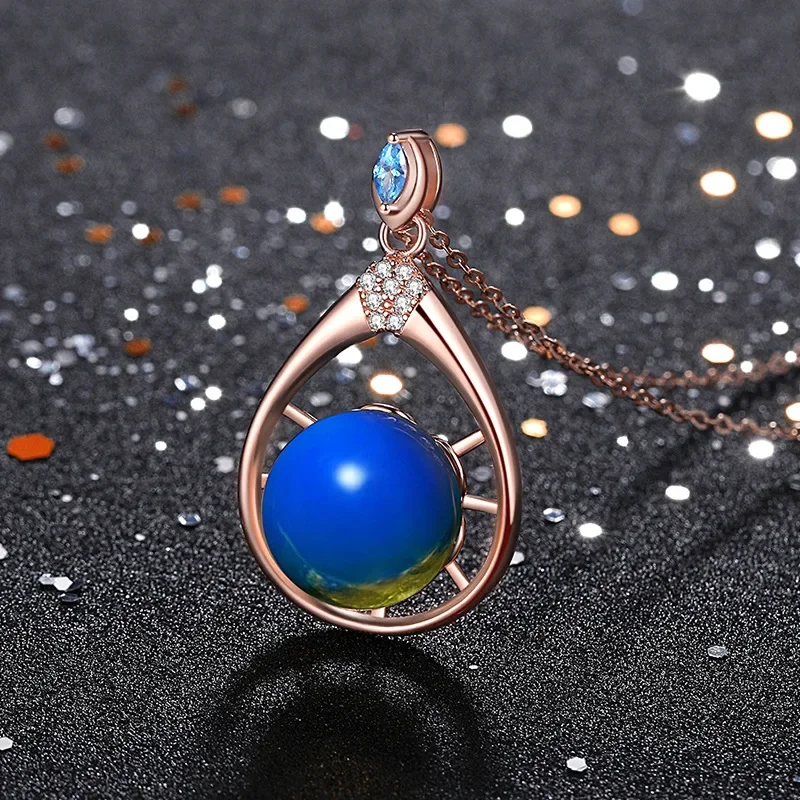 

Blue Amber Pendant 925 Silver Zircon Crystal Gifts Jewelry Chinese Fashion Necklace Charm Gemstone Amulet Natural Women