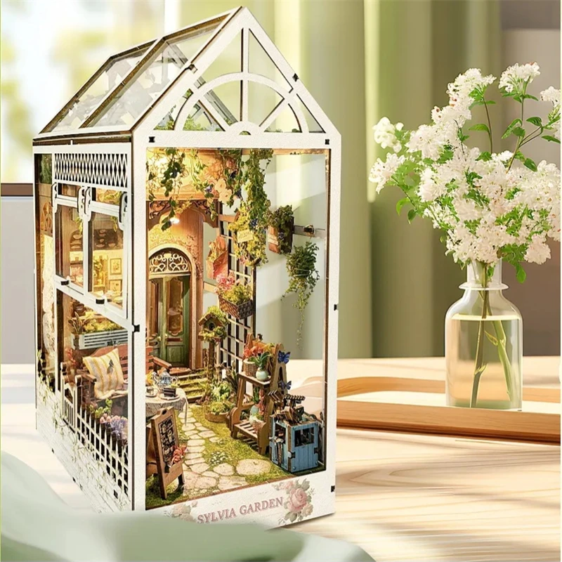 

New DIY Wooden Book Nook Shelf Insert Miniature Building Kits Bookends Sylvia Garden Bookshelf Dollhouse For Friends Gifts