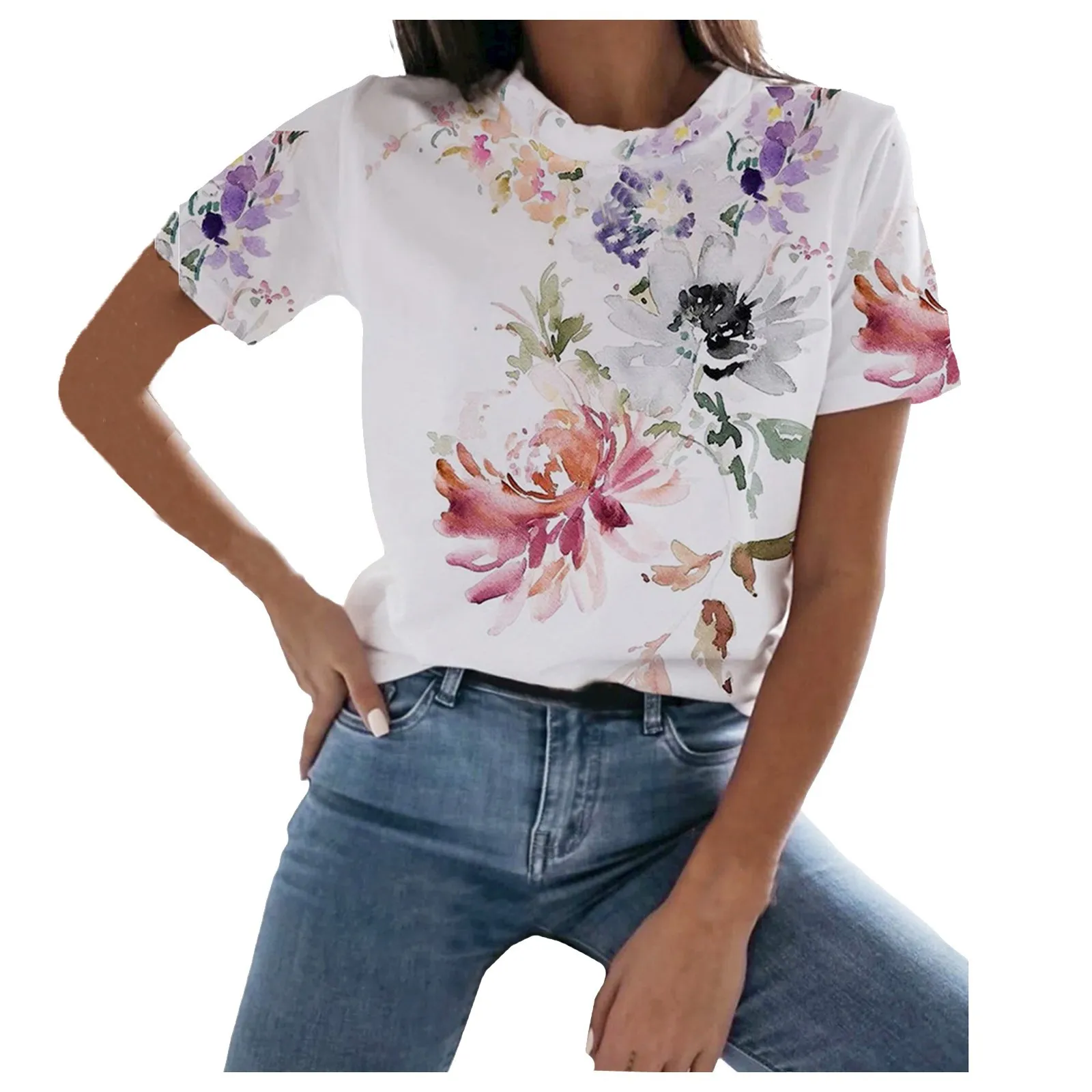 

Tops Unique Casual Floral Print Women Pullovers Vintage Round Collar Summer Short Sleeves Women Blouses Casual Лонгслив Женский