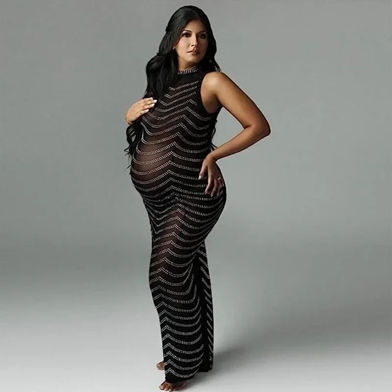 

Maternity Photography Dresses Pregnant Gown Party Sexy Shiny Goddess Rhinestone Dress Stretchy Plus Size (Black)