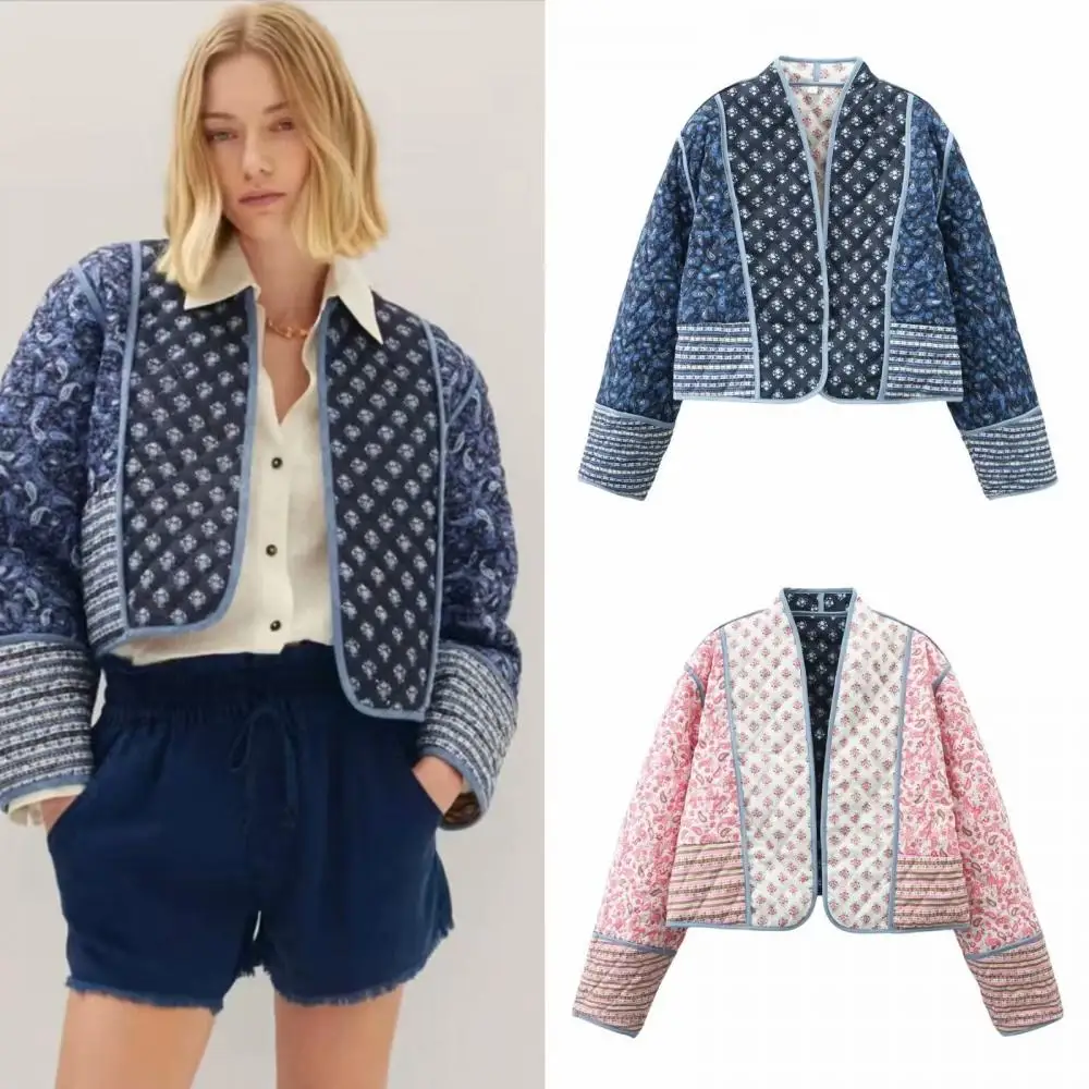 

Women's Cropped Puffer Quilted Jacket Cardigan Floral Printed Lightweight Long Sleeve Open Front Short Padded Coats