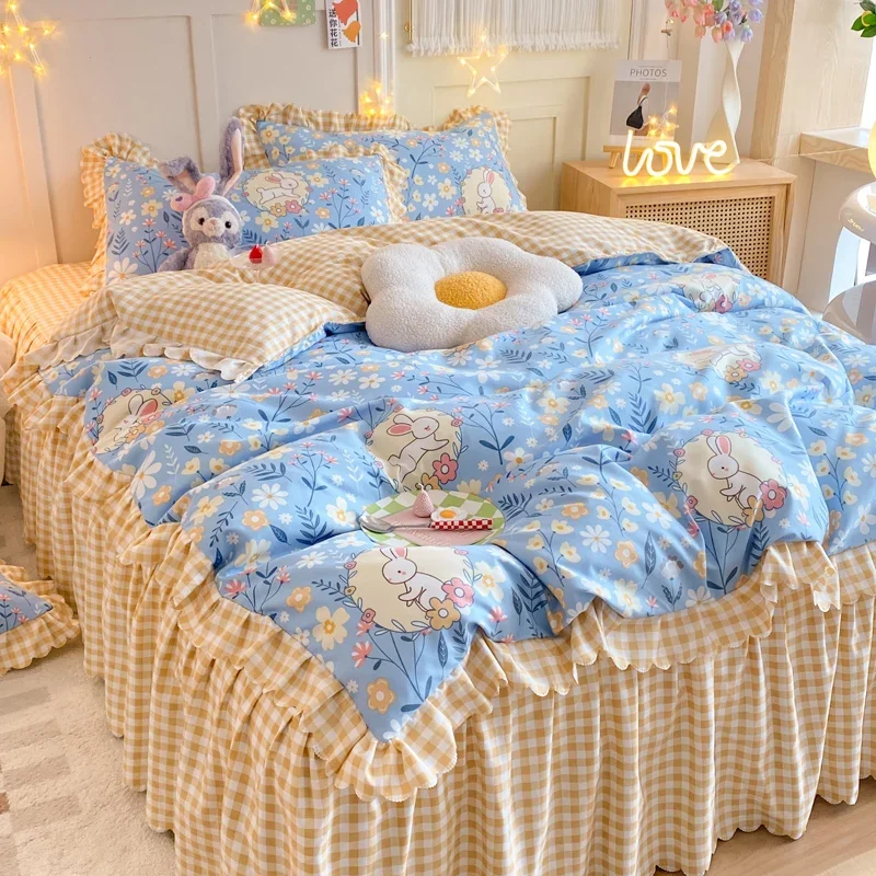 

Lace Style Bed Linen Set Brushed Bed Sheets Sets Printed Quilt Cover Pillowcase Bed Skirt постельное бельё набор Bedding Sets