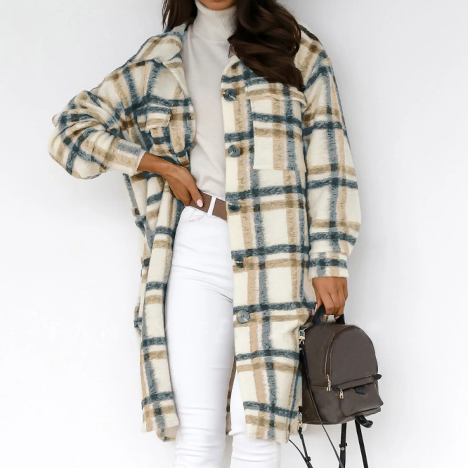 

Женское классическое длинное пальто с клетчатым принтом, тонкая модная облегающая Свободная верхняя одежда из искусственной шерсти с лацканами, зимняя уличная одежда, женские длинные куртки