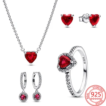 2023 New Red Round Sparkling Hoop Earring Heart Halo Pendant Collier Necklace Pave Zircon Stud Earring & Ring Women Jewelry Gift