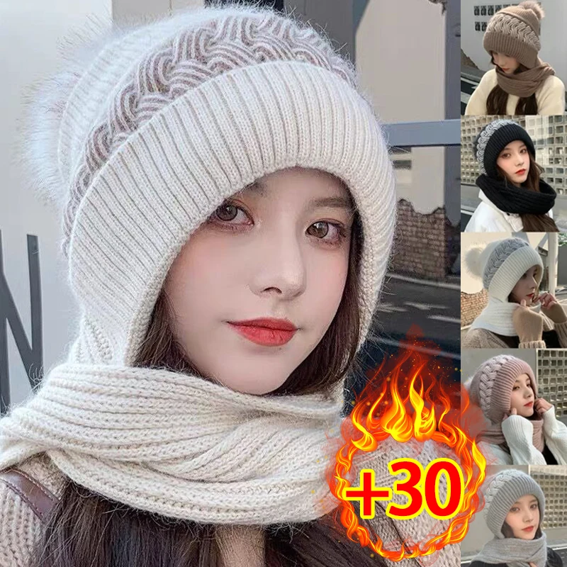 

Women's Beanies Hat Scarf Set Winter Warm Cute Plush Long Rabbit Hair Blend Double Layers Windproof Ear Protection Knitted Caps