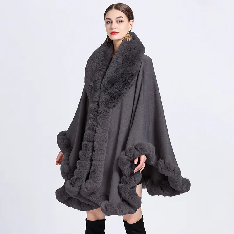

Europe America New Imitation Otter Rabbit Fur Collar Hooded Imitation Cashmere Loose Ponchos Women Capes Gray Cloak