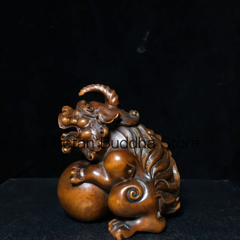 

10cm Antique Chinese boxwood handmade carved Pixiu ball holding ornaments handicraft